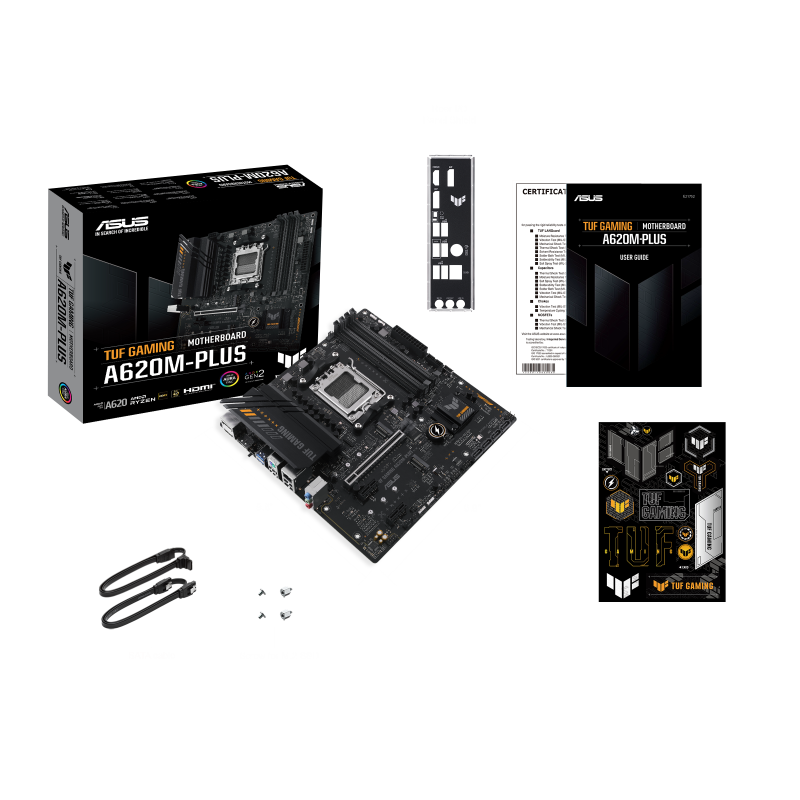 ASUS AMD A620 (Ryzen AM5) micro-ATX motherboard with DDR5, PCIe 4.0, dual M.2 slots, 2 x DisplayPort, HDMI™, Realtek 2.5Gb Ethernet, front USB 3.2 Gen 1 Type-C®, SATA 6 Gbps, BIOS FlashBack™, M.2 Q-Latch (TUF GAMING A620M-PLUS)