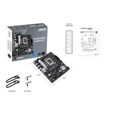 ASUS PRIME B760M-R D4, an Intel® B760 LGA 1700 micro-ATX motherboard with PCIe 4.0, two PCIe 4.0 M.2 slots, DDR4, Realtek 2.5Gb Ethernet, HDMI™, SATA 6 Gbps, front USB 5Gbps ports, Aura Sync (PRIME B760M-R D4)