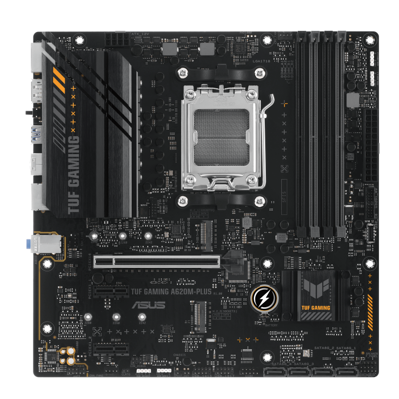 ASUS AMD A620 (Ryzen AM5) micro-ATX motherboard with DDR5, PCIe 4.0, dual M.2 slots, 2 x DisplayPort, HDMI™, Realtek 2.5Gb Ethernet, front USB 3.2 Gen 1 Type-C®, SATA 6 Gbps, BIOS FlashBack™, M.2 Q-Latch (TUF GAMING A620M-PLUS)