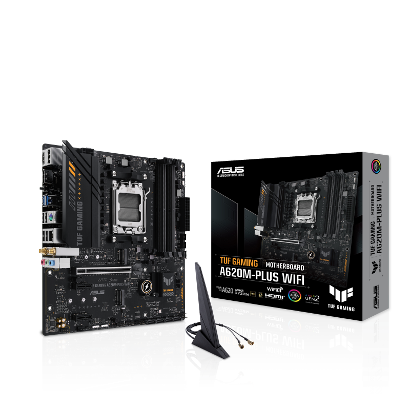 ASUS AMD A620 (Ryzen AM5) micro-ATX motherboard with DDR5, PCIe 4.0, dual M.2 slots, 2 x DisplayPort, HDMI™, Realtek 2.5Gb Ethernet, Wi-Fi 6, front USB 3.2 Gen 1 Type-C®, SATA 6 Gbps, BIOS FlashBack™, M.2 Q-Latch