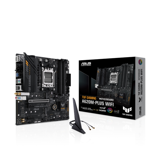 ASUS AMD A620 (Ryzen AM5) micro-ATX motherboard with DDR5, PCIe 4.0, dual M.2 slots, 2 x DisplayPort, HDMI™, Realtek 2.5Gb Ethernet, Wi-Fi 6, front USB 3.2 Gen 1 Type-C®, SATA 6 Gbps, BIOS FlashBack™, M.2 Q-Latch