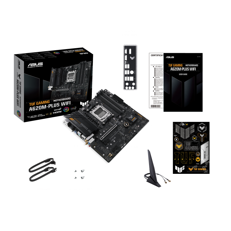 ASUS AMD A620 (Ryzen AM5) micro-ATX motherboard with DDR5, PCIe 4.0, dual M.2 slots, 2 x DisplayPort, HDMI™, Realtek 2.5Gb Ethernet, Wi-Fi 6, front USB 3.2 Gen 1 Type-C®, SATA 6 Gbps, BIOS FlashBack™, M.2 Q-Latch