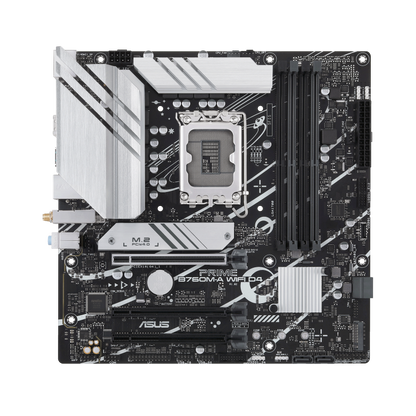 ASUS Intel® B760 (LGA 1700) mATX motherboard, PCIe 4.0, two M.2 slots, Realtek 2.5Gb Ethernet, Wi-Fi 6, DisplayPort, Dual HDMI®, SATA 6 Gbps, rear USB 3.2 Gen 2, front USB 3.2 Gen 1 Type-C®, Aura Sync