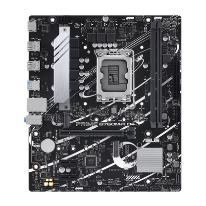 ASUS PRIME B760M-R D4, an Intel® B760 LGA 1700 micro-ATX motherboard with PCIe 4.0, two PCIe 4.0 M.2 slots, DDR4, Realtek 2.5Gb Ethernet, HDMI™, SATA 6 Gbps, front USB 5Gbps ports, Aura Sync (PRIME B760M-R D4)