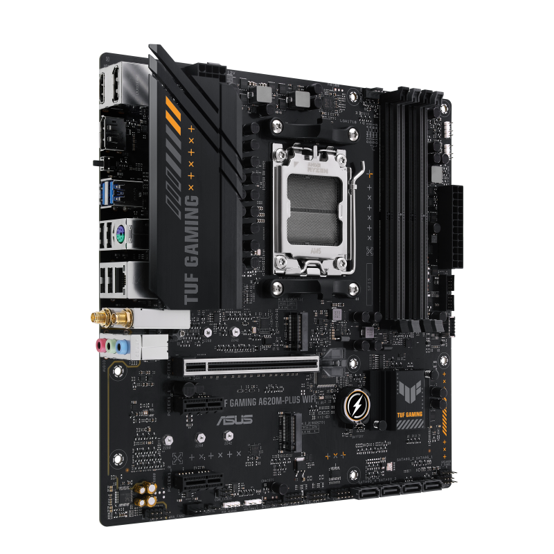 ASUS AMD A620 (Ryzen AM5) micro-ATX motherboard with DDR5, PCIe 4.0, dual M.2 slots, 2 x DisplayPort, HDMI™, Realtek 2.5Gb Ethernet, Wi-Fi 6, front USB 3.2 Gen 1 Type-C®, SATA 6 Gbps, BIOS FlashBack™, M.2 Q-Latch