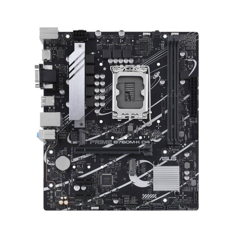 ASUS Prime B760M-K D4, an Intel® B760 LGA 1700 mATX motherboard with PCIe 4.0, two PCIe 4.0 M.2 slots, DDR4, Realtek 2.5Gb Ethernet, VGA, HDMI®, SATA 6 Gbps, front USB 3.2 Gen 1, Aura Sync