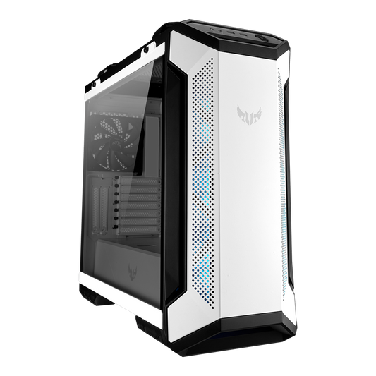 ASUS TUF Gaming GT501 White Edition case supports up to EATX with metal front panel, tempered-glass side panel, 120 mm RGB fan, 140 mm PWM fan, radiator space reserved, and USB 3.1 Gen 1