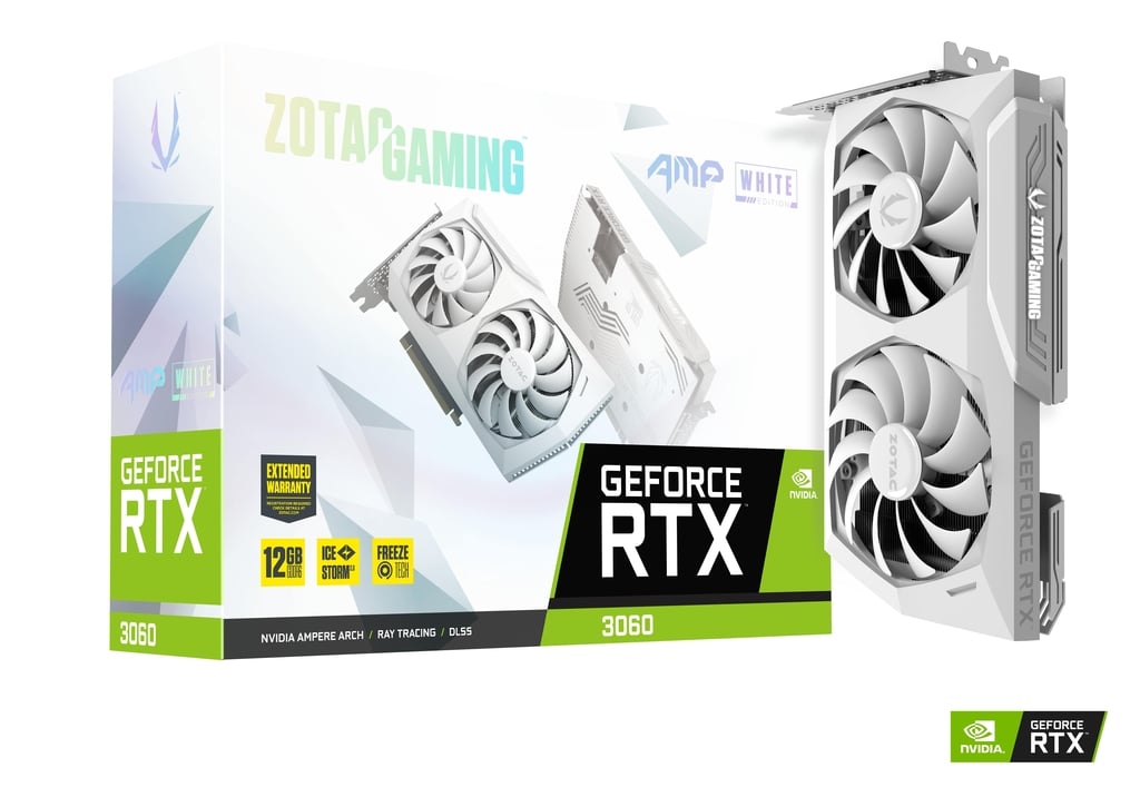 ZOTAC Gaming GeForce RTX™ 3060 AMP White Edition 12GB GDDR6 192-bit 15 Gbps PCIE 4.0 Gaming Graphics Card, IceStorm 2.0 Cooling, Active Fan Control, Freeze Fan Stop (ZT-A30600F-10P)