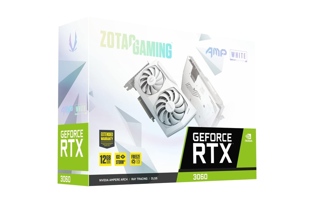 ZOTAC Gaming GeForce RTX™ 3060 AMP White Edition 12GB GDDR6 192-bit 15 Gbps PCIE 4.0 Gaming Graphics Card, IceStorm 2.0 Cooling, Active Fan Control, Freeze Fan Stop (ZT-A30600F-10P)