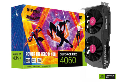 Zotac Gaming GeForce® RTX 4060 8GB OC Spider-Man™ Across The Spider-Verse Bundle - 8GB GDDR6, 128 bit, 3xDP, 1x HDMI (Dual Fan, Slot Size: 2 Slot, Input Power: 1x 8-pin PCIe)