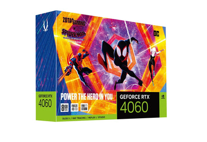 Zotac Gaming GeForce® RTX 4060 8GB OC Spider-Man™ Across The Spider-Verse Bundle - 8GB GDDR6, 128 bit, 3xDP, 1x HDMI (Dual Fan, Slot Size: 2 Slot, Input Power: 1x 8-pin PCIe)