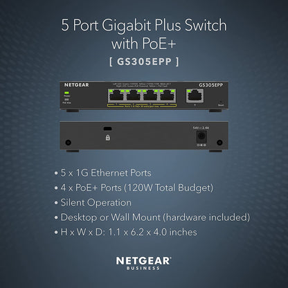 NETGEAR 5-Port High Power PoE+ Gigabit Ethernet Plus Switch (120W) 300 Series SOHO Plus (GS305EPP)