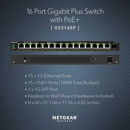 NETGEAR 16-Port PoE+ Gigabit Ethernet Plus Switch (180W) with 1 SFP Port 300 Series Plus Switch (GS316EP)