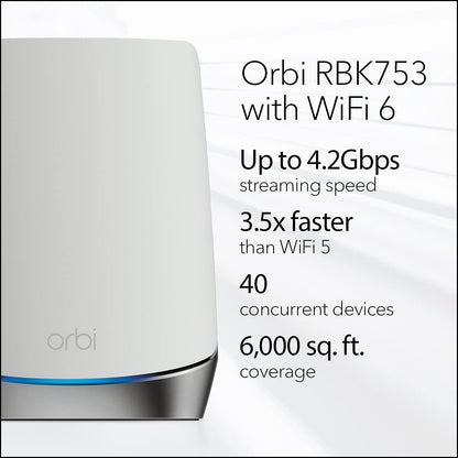 NETGEAR AX4200 Orbi 750 Series Tri-Band WiFi 6 Mesh System, 4.2Gbps, Router + 2 Satellites WiFi Mesh System (RBK753)