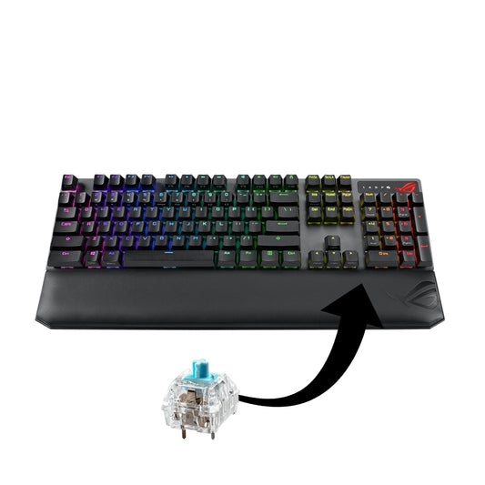 ASUS ROG Strix Scope NX RGB Wireless Deluxe gaming mechanical keyboard with tri-mode connectivity, ROG NX Red/ Blue/ Brown mechanical switches, PBT keycaps, aluminum frame, magnetic wrist rest & extended Ctrl key for FPS precision