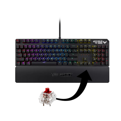 ASUS ASUS TUF Gaming K3 RGB mechanical keyboard with N-key rollover, combination media keys, USB 2.0 passthrough, aluminum-alloy top cover, wrist rest, eight programmable macro keys and Aura Sync lighting