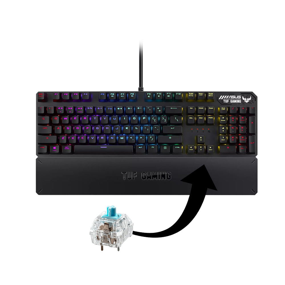 ASUS ASUS TUF Gaming K3 RGB mechanical keyboard with N-key rollover, combination media keys, USB 2.0 passthrough, aluminum-alloy top cover, wrist rest, eight programmable macro keys and Aura Sync lighting