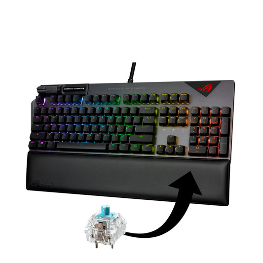 ASUS ROG Strix Flare II gaming mechanical keyboard with 8000 Hz polling rate, ROG NX mechanical switches, PBT keycaps, metal media controls, and a detachable wrist rest